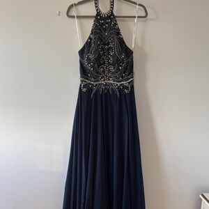 Jovani Navy Beaded Halter Prom Dress